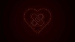 Glowing neon line Healed broken heart or divorce icon isolated on black background. Shattered and patched heart. Love symbol. Valentines day. 4K Video motion graphic animation.