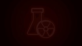 Glowing neon line Laboratory chemical beaker with toxic liquid icon isolated on black background. Biohazard symbol. Dangerous symbol with radiation icon. 4K Video motion graphic animation.