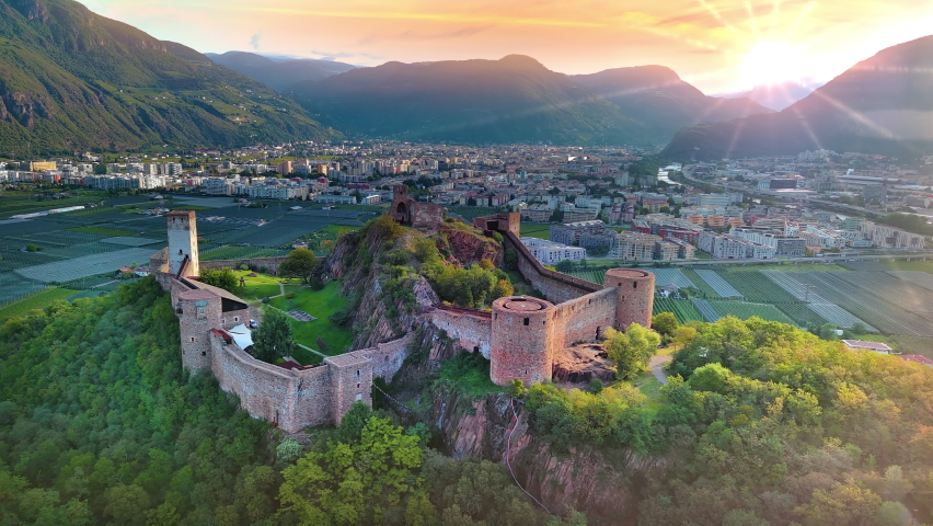 Bolzano italy skyline aerial view drone footage. Bozen italy castle view italy city. Royalty-Free Stock Footage #1095553447