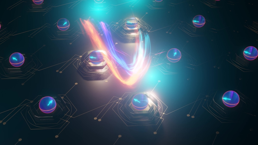 Inside quantum PC. Quantum computing, circuit at work - superposition and entanglement, qubit states represented by Bloch spheres, 3D rendering. 3D Illustration Royalty-Free Stock Footage #1095562695