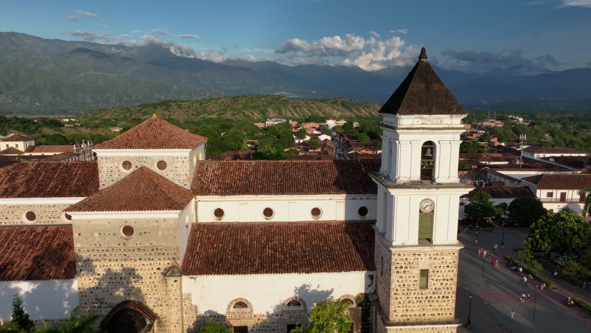Flying Above Santa Fe de Antioquia Cathedral Catholic Landmark in Colonial Zone, Colombia, Drone Shot