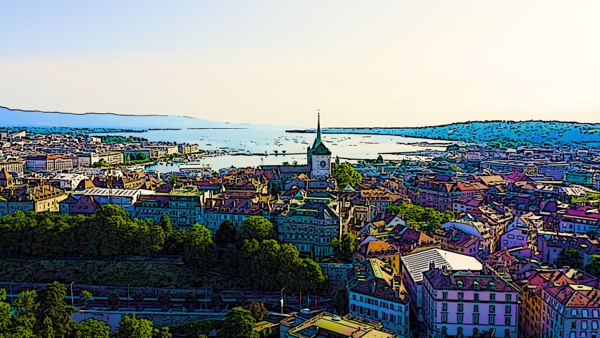Geneva, Switzerland. St. Pierre Cathedral rises above the dense historic rooftops of the Old Town, its tall copper spire and clock tower dominating the skyline. The camera glides forward in a smooth aerial approach, revealing the cathedral