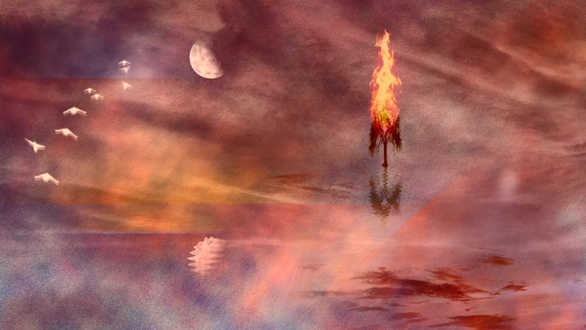 Silhouette of tree on a calm water. Moon and flock of birds in the starry sky