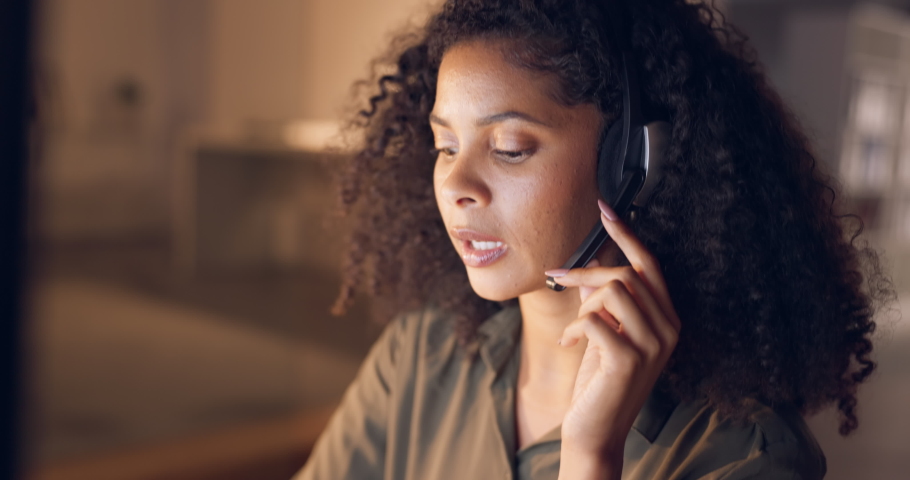 Customer support, service and web help woman worker on an office online phone consultation. Telemarketing, internet talking employee with headset contact us working and doing digital tech consulting