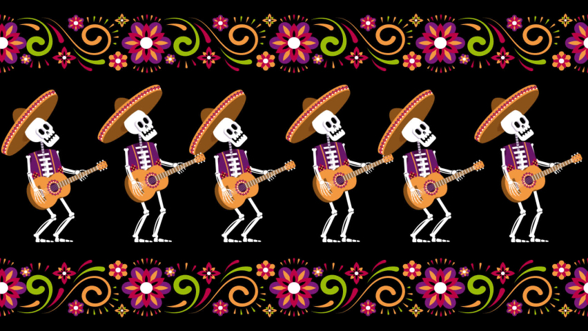 Day of Dead decoration - Mexican skeletons with guitar in flower frame. Looped animation.