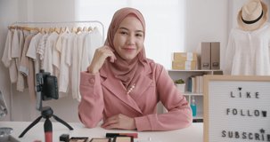 Islam girl Gen Z vlogger job success small SME owner on social media  or  shop platform Happy beauty blogger young adult asia arab r influencer look at camera online home seller