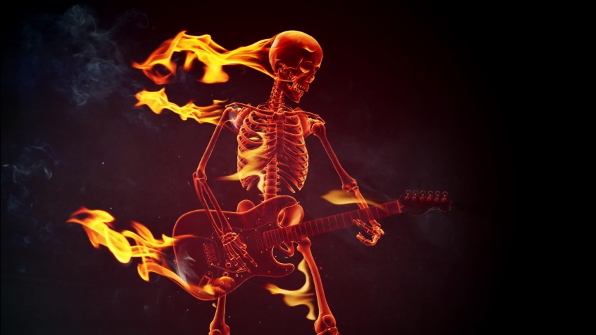 Burning skeleton play rock guitar. Slow motion fire flames and sparks on black background. | Shutterstock HD Video #1095579025