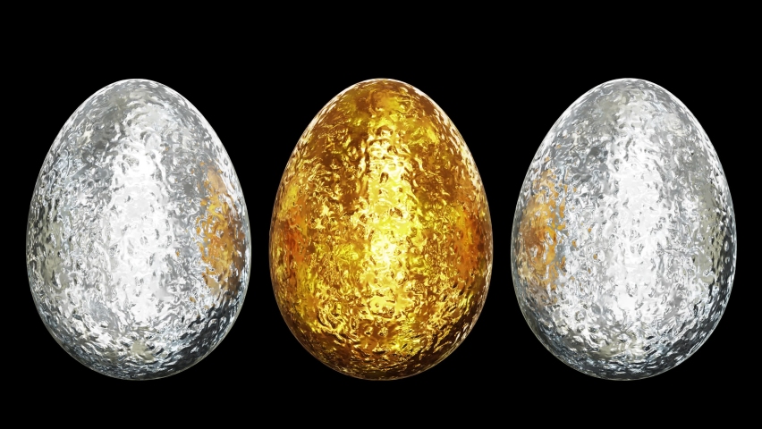Realistic looping 3D animation of the beautiful textured spinning Holy Trinity gold Easter egg among two textured silver Easter eggs rendered in UHD with alpha matte Royalty-Free Stock Footage #1095579627