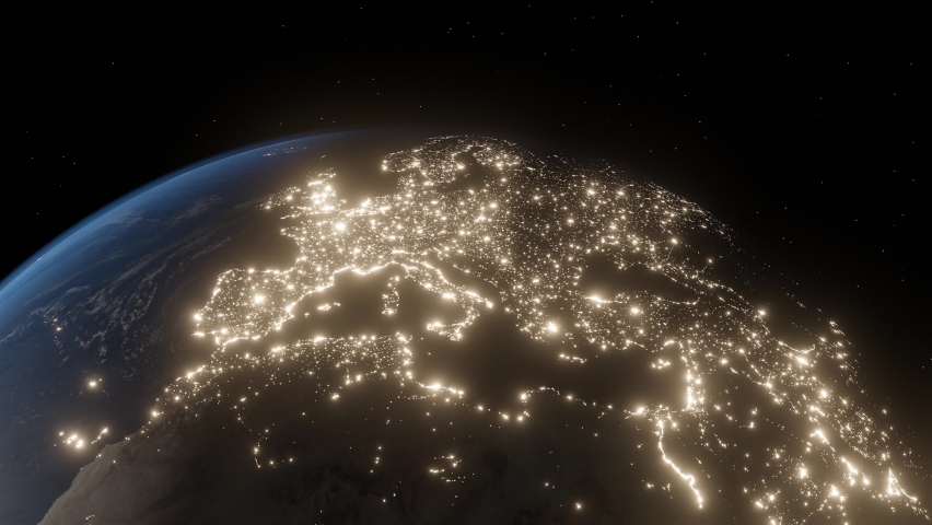 Animation of the Earth in space looking down on Europe and Africa as the power goes out, globally. Royalty-Free Stock Footage #1095579931