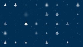 Template animation of evenly spaced yoga symbols of different sizes and opacity. Animation of transparency and size. Seamless looped 4k animation on dark blue background with stars