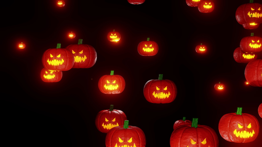 Halloween pumpkins fall down background 3d render. Sinister pumpkins with yellow glowing mouth and eyes falls isolated on black background. Happy halloween party theme | Shutterstock HD Video #1095585483