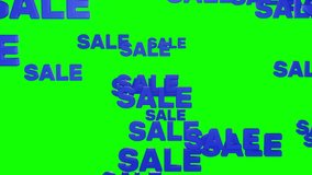 Blue words sale falls on green screen background looped 3d render. Discount falling satisfying video seamless. Big sale, discount, black friday, shopping mall or coming soon concept