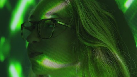 Closeup Girl Neon Projected Lights On Stock Footage Video (100% Royalty 