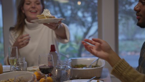 Friends Pass Pumpkin Pie Around the Dinner Table Stock-video