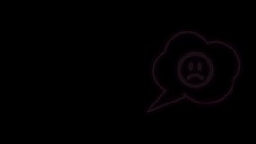 Glowing neon line Speech bubble with sad smile icon isolated on black background. Emoticon face. 4K Video motion graphic animation.