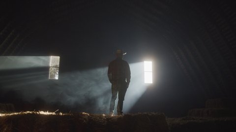 Rancher Standing Alone in the Sunlight Streaming Into a Dark Barn Arkivvideo