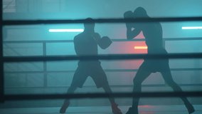 Boxer in the boxing gym. Bandages his hands. Sparring in the ring. Boxer jumping rope. Exercise with ropes. Round one. Fog in the ring. Zetsky sport. Beautiful backlight. World boxing champion.

 - Powered by Shutterstock - Get 15% off with code: PIKWIZARD15