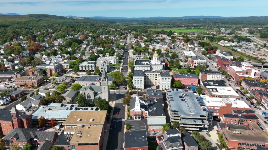 Historic Concord New Hampshire. Aerial establishing shot in autumn.