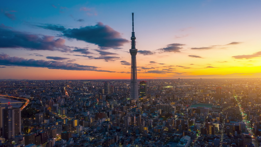 Aerial view Hyper lapse 4k Video of Tokyo sky tree and Tokyo  city on sunrise at Tokyo, Japan.  Royalty-Free Stock Footage #1095756157