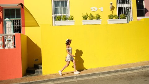 Colorful houses in Cape Town. Colored houses in Bo Kapp, a district of Cape Town, South Africa known for it's houses painted in vibrant colors.a cheerful girl in a dress holds the flag of south africa स्टॉक वीडियो