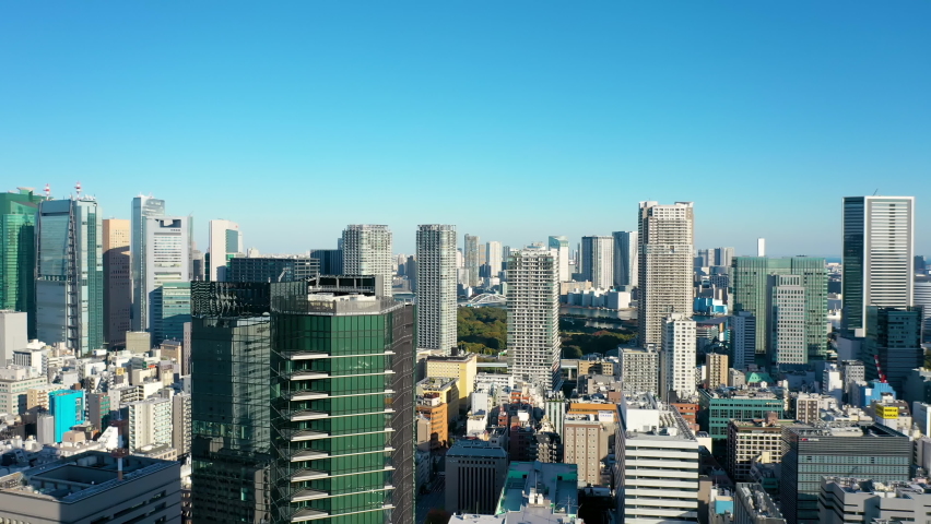 Aerial view 4k video by drone of building in Tokyo city, Japan