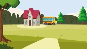 little students kids couple with bus scene ,4k video animated