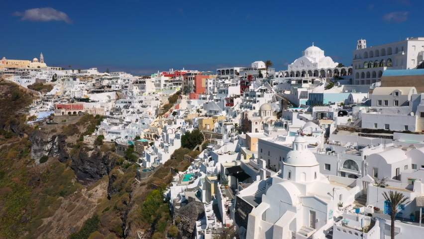 Aerial panoramic view of the center of Fira in Santorini Greece