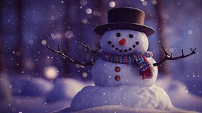A computer-generated 3D illustration composite of a snowman wearing a hat and scarf in a winter wonderland Christmas background with snow falling in a seamless loop. 