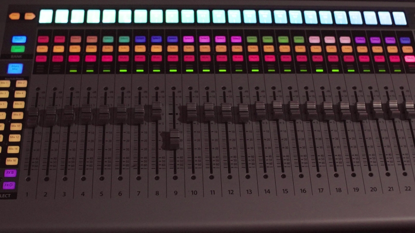 Audio mixer, mixing desk, electronic devise for mixing audio signals, for sound recording