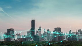 Business data analytic interface fly over smart city showing alteration future of business intelligence. Computer software and artificial intelligence are used to analyze big data for strategic plan . - Powered by Shutterstock - Get 15% off with code: PIKWIZARD15