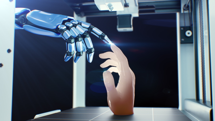 3d Printed Human Hand and Metal Robot Arm Touching It with Blue Light. Biblical Motives Artificial Intelligence Robotics and Technology Concept. 4k UHD 3840x2160. - Powered by Shutterstock - Get 15% off with code: PIKWIZARD15