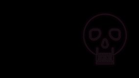 Glowing neon line Skull icon isolated on black background. Happy Halloween party. 4K Video motion graphic animation.