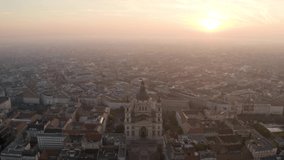 Sunrise over St. Stephen's Basilica, Budapest Hungary. 4k Aerial Drone Footage	
