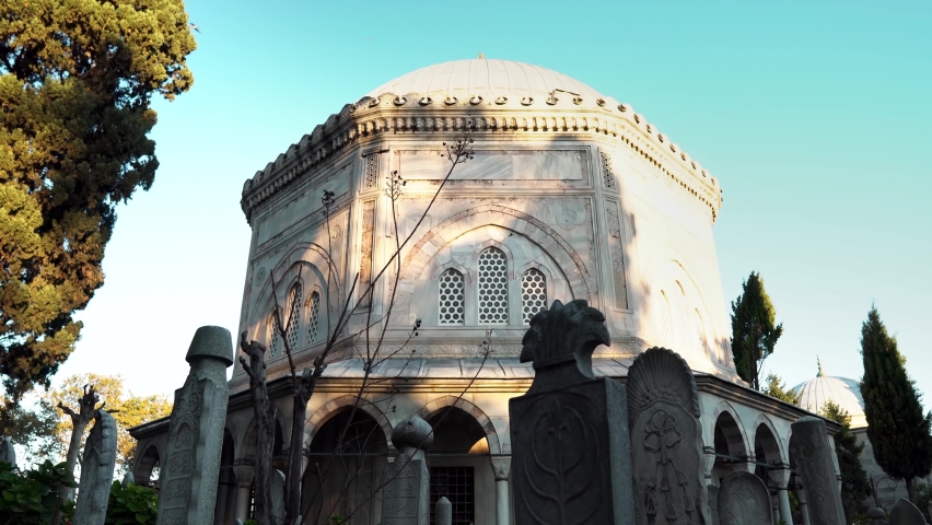 Suleymaniye cemetery in Istanbul. Museum of gravestones and monuments in the open air in Istanbul. Tombstones at the cemetery in the Suleymaniye Mosque. Suleymaniye Mosque Istanbul