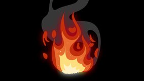 Animation of a burning campfire with smoke on a black screen. Cartoon fire burns with glow in 4k with alpha channel. Stock video to add fire effect.