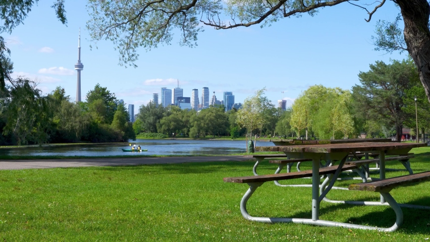 Wooden Bench in the Toronto Islands Park Centre Island. Toronto, Ontario, Canada.