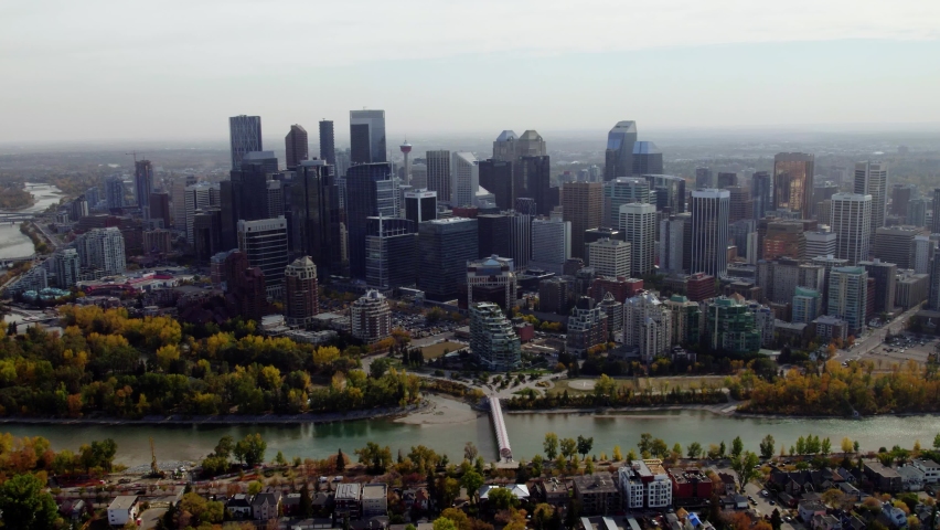 Aerial view of the Calgary city, autumn in Alberta, Canada - tracking, drone shot