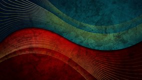 Contrast blue red grunge texture wavy background with abstract golden lines. Seamless looping retro motion design. Video animation Ultra HD 4K 3840x2160