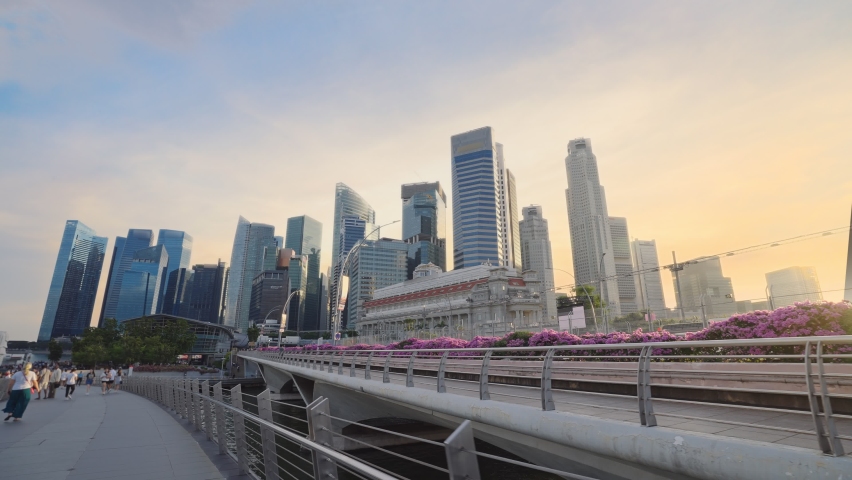 Jubilee bridge in Singapore with business and financial buildings in the background