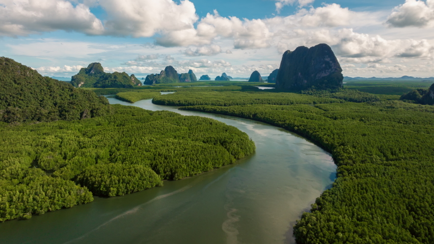 4K Hyperlapse aerial view drone flying over mangrove forest and mountain peak of Phang nga bay, Thailand
 Royalty-Free Stock Footage #1095811675
