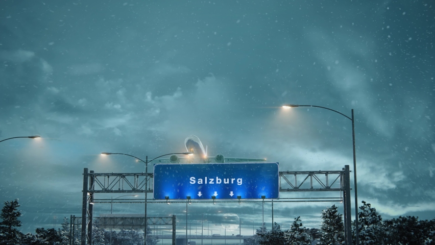 Airplane Takeoff Salzburg in Christmas. 3D Illustration