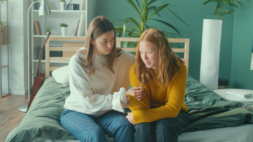 Depressed Red Haired Teenage Girl Emotionally Crying on Couch While Friend Sitting near and Trying to Calm her Down. Friendly Support. Teenage Psychological Trauma, Adolescence Concept. Mental Health. Royalty-Free Stock Footage #1095816739