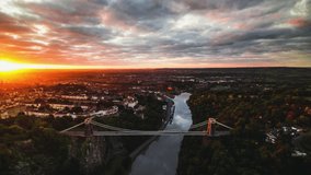 Establishing Aerial View Shot of Bristol UK, United Kingdom, Clifton Suspension Bridge, stunning light, amazing view, track in