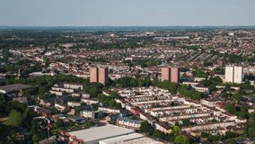 Establishing Aerial View Shot of Bristol UK, United Kingdom, day, busy city, suburb area