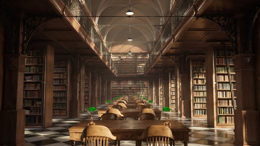 Old university library interior with shelves full of countless vintage books. Beautiful woodwork of vault ceiling, shelves and pillars, steel barriers ornaments and polished marble checker floor. Royalty-Free Stock Footage #1095821317