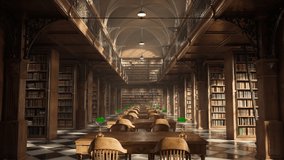 Old university library interior with shelves full of countless vintage books. Beautiful woodwork of vault ceiling, shelves and pillars, steel barriers ornaments and polished marble checker floor.