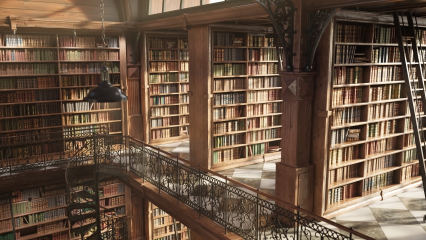 Old university library interior with shelves full of countless vintage books. Beautiful woodwork of shelves and pillars, detailed steel barrier and spiral staircase ornaments. Knowledge archives