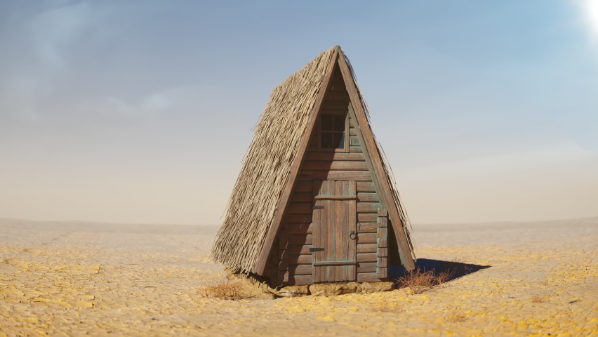 Abandoned old log cabin in the middle of the desert. Empty, dry, cracked surface of the earth. Desert landscape with a small uninhabited house made of wood and straw. Hope, shelter. The Wanderer