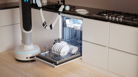 Robotic arm picking dirty plates and cups and putting them into a dishwasher. Futuristic kitchen help in a modern house. Full automation of a dishwashing process. 4K HD render Video de stock
