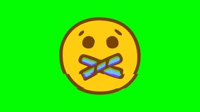 Emoticon with closed mouth glitch effect on green background. Emoji motion graphics.